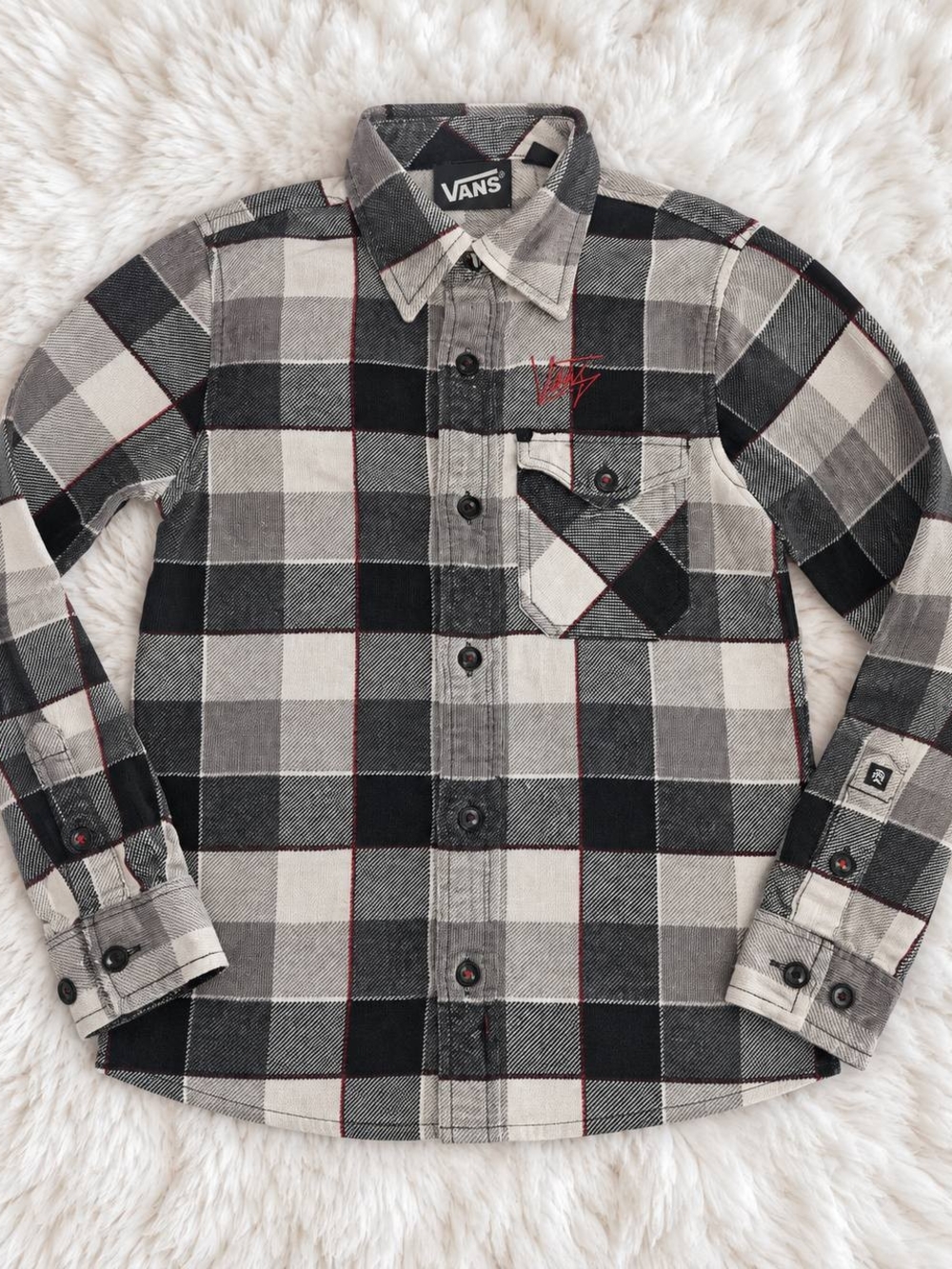 Vans Men's Black, White & Gray Plaid Button-Down Shirt with Red Stitching